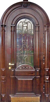 Арочная металлическая дверь массив со стеклом и ковкой ДА-50 в Домодедово