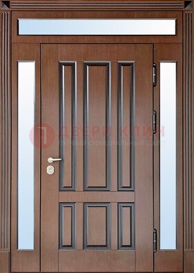 Железная дверь со стеклом и фрамугами в коричневом цвете ДФГ-8 в Мурманске
