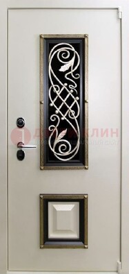Белая стальная дверь с ковкой со стеклопакетом и МДФ ДК-30 в Домодедово