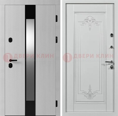 Белая металлическая дверь МДФ с зеркальной вставкой ДМ-324 в Домодедово
