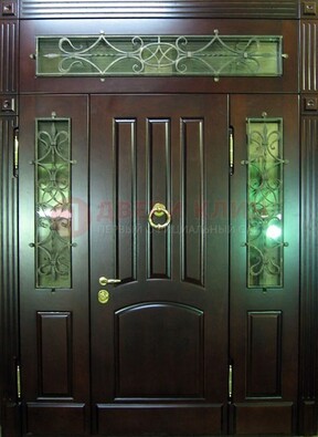 Стальная парадная дверь со стеклом и ковкой ДПР-18 для деревянного дома в Зеленограде