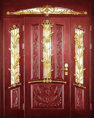 Бордовая железная парадная дверь со стеклом и ковкой ДПР-75 в Домодедово