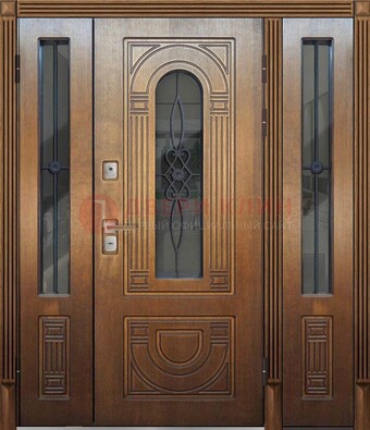 Коричневая стальная парадная дверь с фрамугой ДПР-84 в Раменском