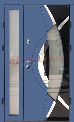 Синяя металлическая дверь со стеклом и узором ДС-13 в Домодедово