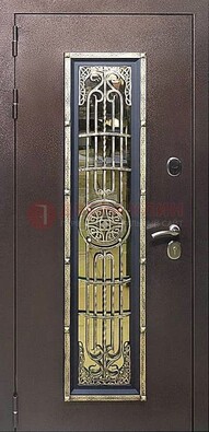 Железная дверь цвета медный антик со стеклом и ковкой ДСК-105 в Домодедово