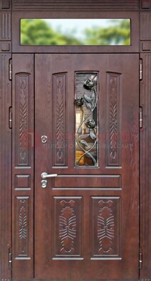 Коричневая железная дверь со стеклом и ковкой на улицу ДСК-127 в Курске