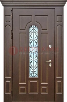 Коричневая железная дверь со стеклом ковкой для частного дома ДСК-133 в Дубне