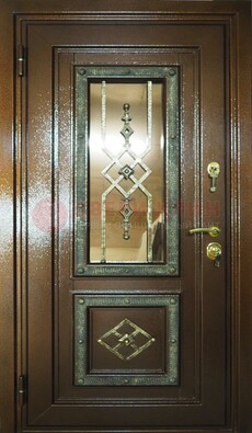 Теплая входная дверь со стеклом и ковкой разноцветной ДСК-13 в Домодедово
