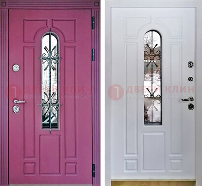 Розовая металлическая дверь со стеклом и ковкой ДСК-151 в Пушкино