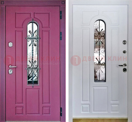 Розовая металлическая дверь со стеклом и ковкой ДСК-151 в Домодедово