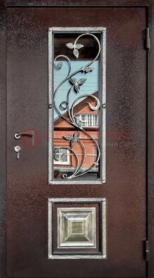 Коричневая стальная дверь порошок со стеклом и ковкой ДСК-163 в Домодедово