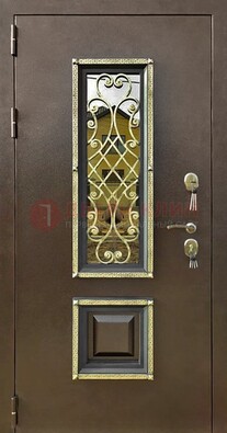 Входная дверь порошок со стеклом и ковкой для коттеджа ДСК-166 в Домодедово