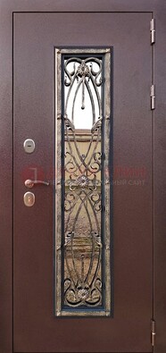 Коричневая стальная дверь порошок со стеклом и ковкой для дома ДСК-169 в Домодедово
