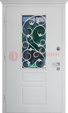 Белая металлическая дверь винорит со стеклом и ковкой ДСК-184 в Домодедово
