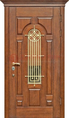 Коричневая железная дверь винорит со стеклом и ковкой ДСК-189 в Павловском Посаде