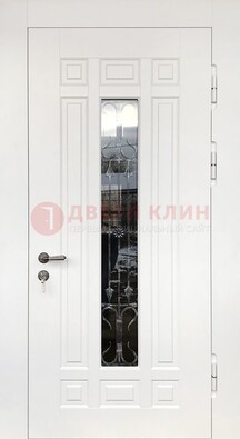 Белая стальная дверь винорит со стеклом и ковкой ДСК-191 в Домодедово