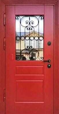 Красная железная дверь Винорит со стеклом и ковкой ДСК-205 в Домодедово