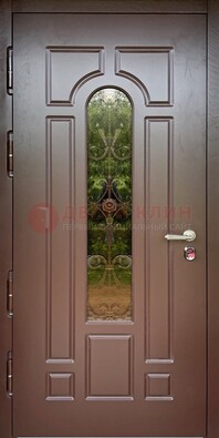Металлическая коричневая дверь Винорит со стеклом и ковкой ДСК-210 в Тихвине