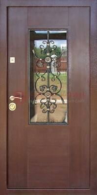 Входная дверь Винорит со стеклом и ковкой в коричневом цвете ДСК-212 в Шатуре