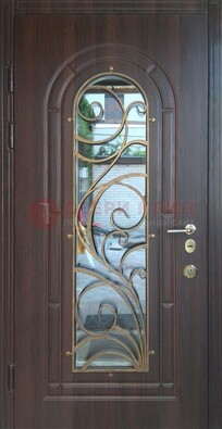 Железная дверь Винорит со стеклом и ковкой в темном цвете ДСК-216 в Домодедово