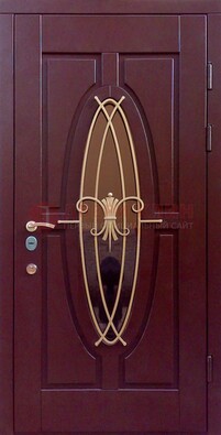 Бордовая стальная дверь Винорит со стеклом и ковкой ДСК-263 в Домодедово