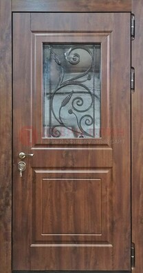 Железная дверь Винорит стекло и ковка с цветом под дерево ДСК-266 в Шатуре
