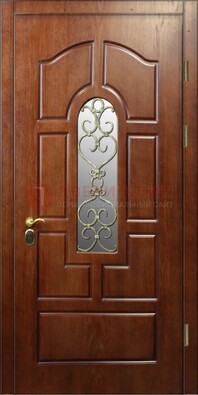 Коричневая входная дверь со стеклом и золотистой ковкой ДСК-83 в Домодедово
