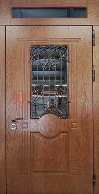 Металлическая входная дверь со стеклом и ковкой для дома ДСК-96 в Домодедово
