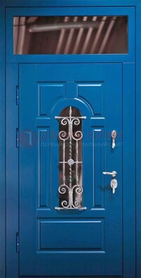 Синяя железная филенчатая дверь со стеклом и ковкой ДСК-97 в Домодедово