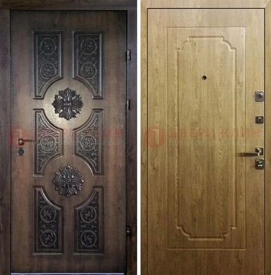 Железная коричневая дверь с виноритом и терморазрывом Золотой дуб внутри ДВТ-101 в Домодедово