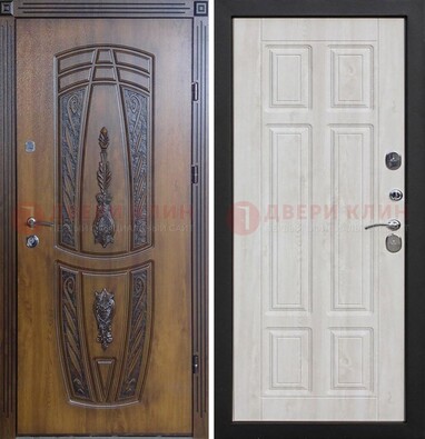 Железная коричневая уличная дверь с виноритом и МДФ Беленый дуб ДВТ-125 в Домодедово