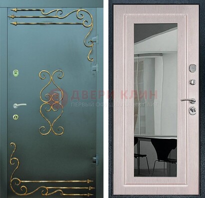 Железная темная дверь c порошковым напылением и МДФ Белый дуб с зеркалом ДЗ-110 в Домодедово