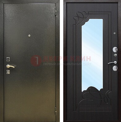 Железная темная дверь c порошковым напылением и МДФ с узором и зеркалом ДЗ-111 в Домодедово
