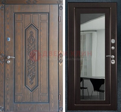 Уличная коричневая дверь c виноритом и МДФ Венге с зеркалом ДЗ-116 в Волжском