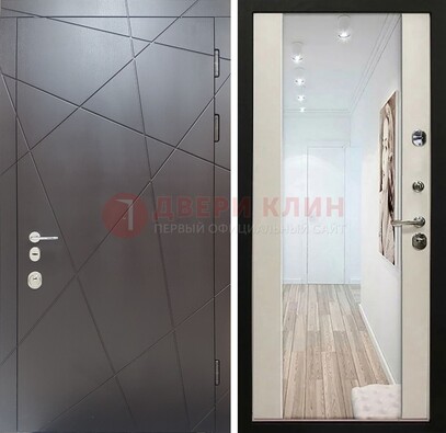Железная коричневая дверь со светлой МДФ внутри и зеркалом ДЗ-125 в Домодедово