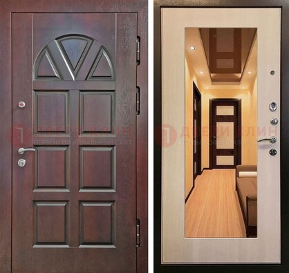 Темная железная дверь с МДФ и зеркалом в квартиру ДЗ-135 в Домодедово