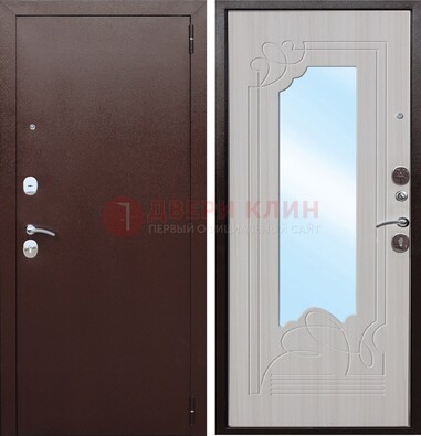 Коричневая металлическая дверь с зеркалом МДФ внутри ДЗ-33 в Домодедово