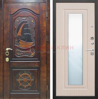 Темная уличная дверь с резьбой и зеркалом внутри ДЗ-49 в Домодедово