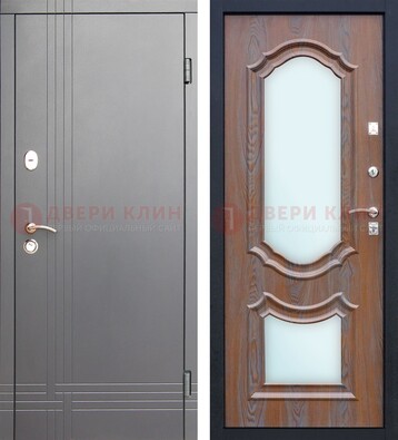 Серая входная дверь со светлой МДФ и зеркалами внутри ДЗ-77 в Домодедово