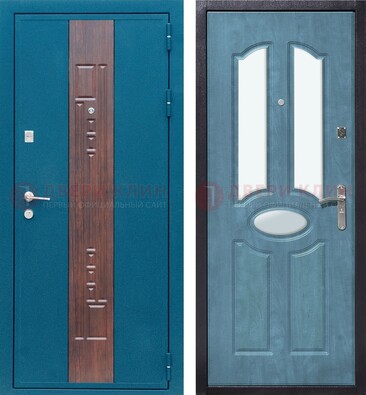 Голубая металлическая дверь МДФ с тремя зеркальными вставками ДЗ-78 в Домодедово