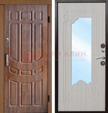 Коричневая уличная дверь c виноритом и терморазрывом МДФ Беленый дуб  с зеркалом ДЗ-97 в Домодедово