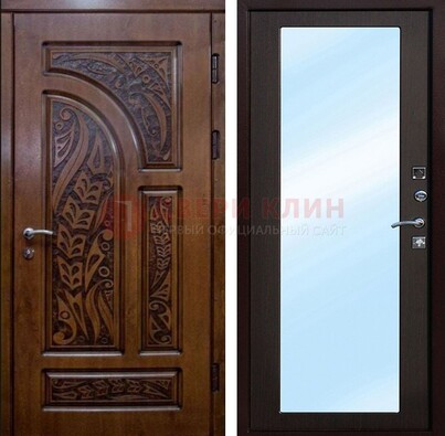 Коричневая входная дверь c узором и виноритом МДФ с зеркалом ДЗ-98 в Домодедово