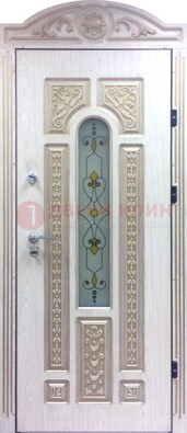Белая железная дверь с МДФ и витражом ВЖ-26 в Домодедово