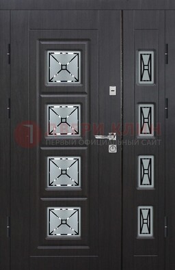 Чёрная двухстворчатая железная дверь с МДФ и витражом ВЖ-35 в Домодедово