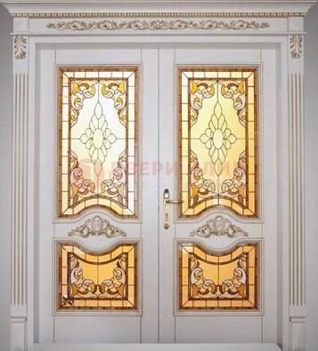 Элитная металлическая дверь с витражом и отделкой массив ВЖ-4 в Домодедово