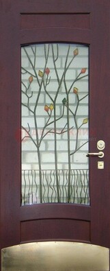 Бордовая стальная дверь с витражом и декоративным элементом ВЖ-3 в Домодедово